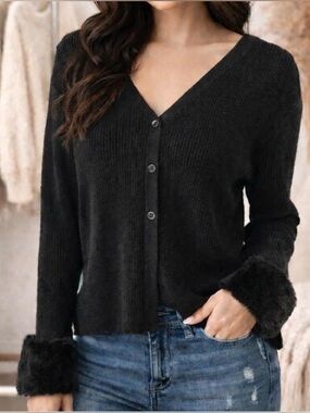 Pink Republic Black Faux-Fur Cuff V neck Button Cardigan Sweater